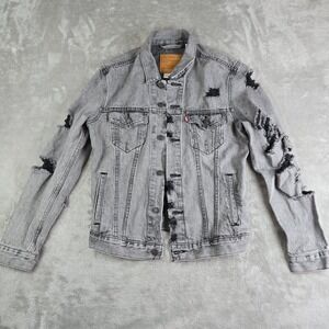 Levis Jeans Jacket Womens Medium Gray Denim Premium Distressed Big E Trucker